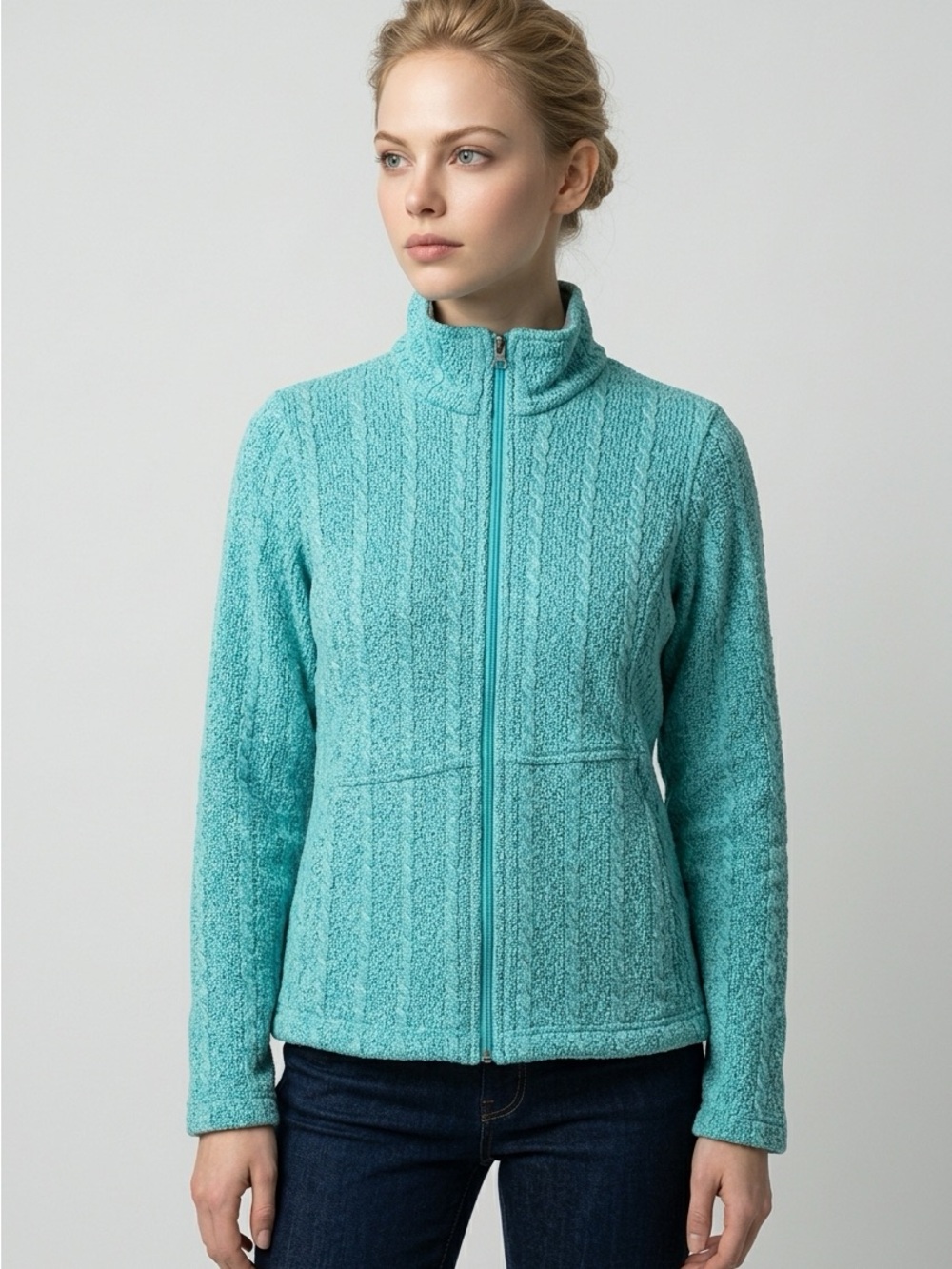 Spyder Y2K Turquoise Cable Knit Full-Zip Sweater Jacket Cottagecore Athleisure-S